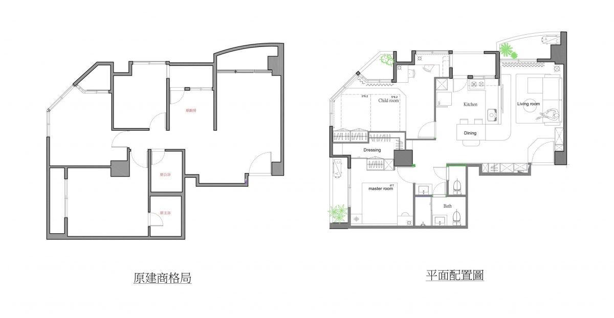 台中30年老屋翻新前後住宅平面配置圖