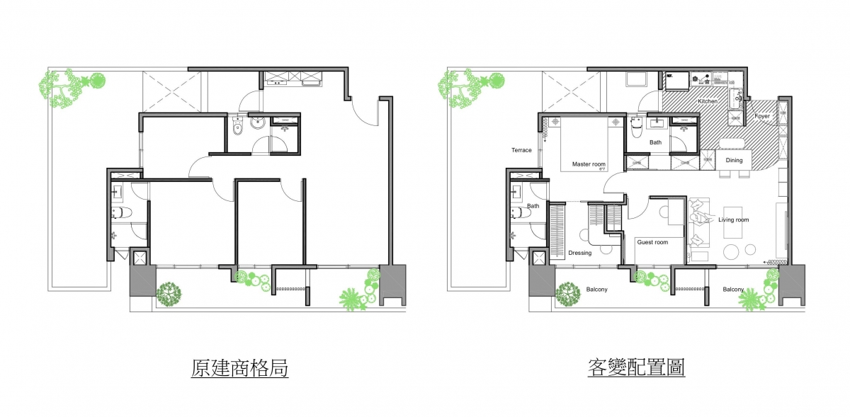 達麗居山原始格局與預售屋客變後配置平面圖