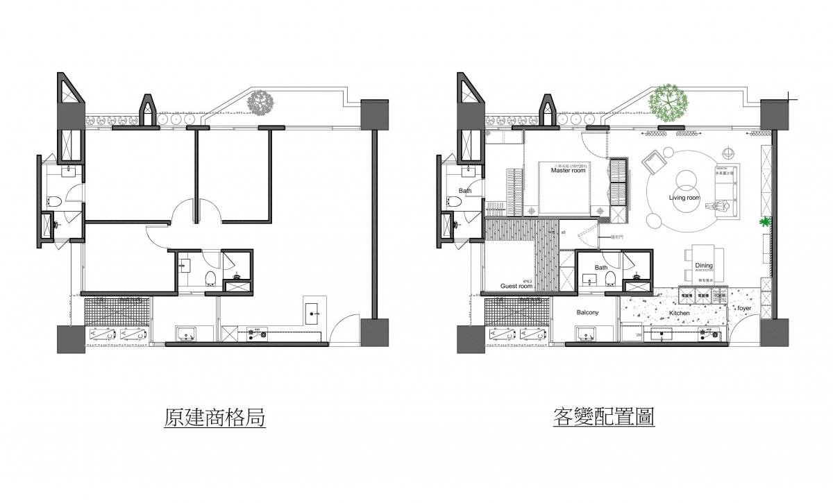 清幽之居預售屋建商原始格局與客變後平面配置對照圖