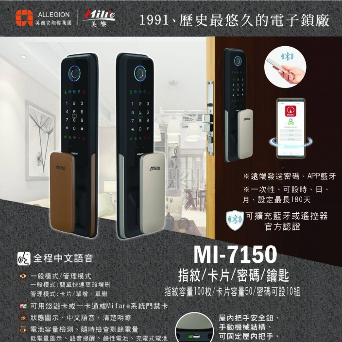 美樂 MILRE MI-7150指紋/卡片/鑰匙/密碼四合一電子鎖